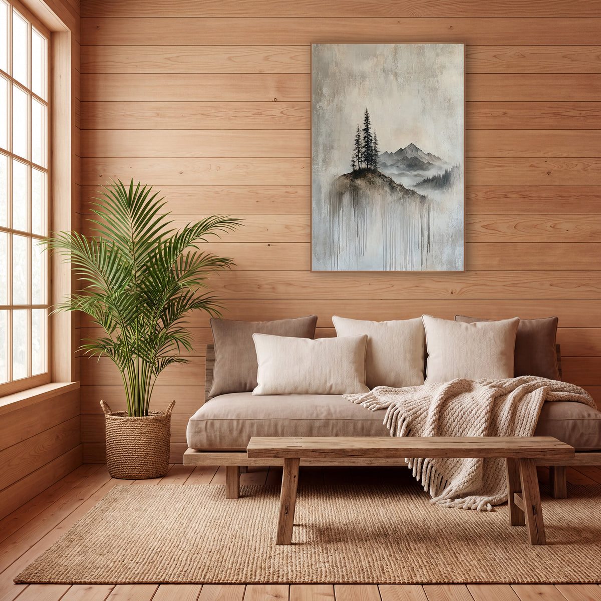 Misty Mountain Evergreen Hilltop Landscape wall art in a calm Japandi-style room – tall evergreens on a small hilltop