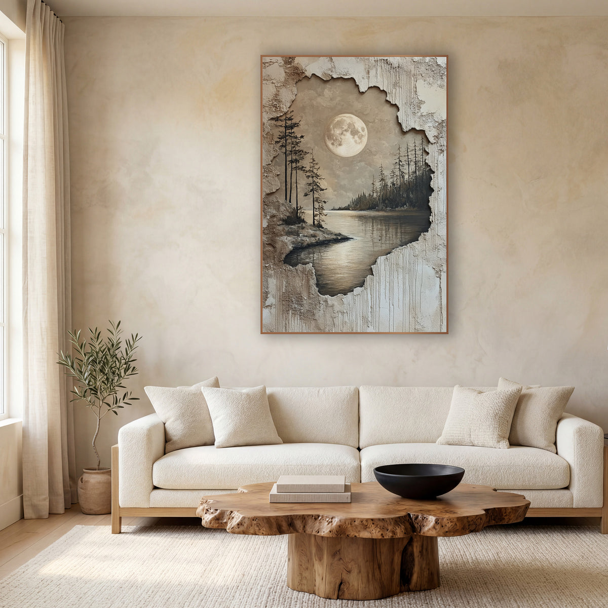 Moonlit Lake Evergreen Landscape Japandi wall art in a calm Japandi-style room – full moon over a calm lake