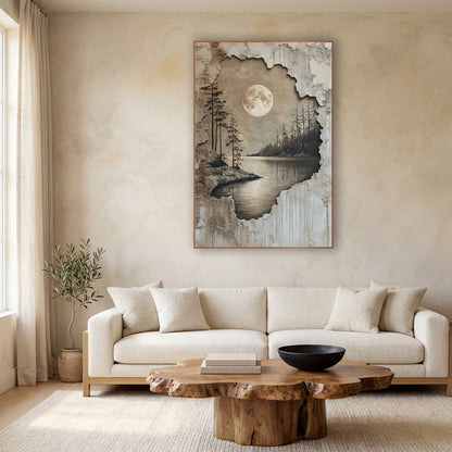 Moonlit Lake Evergreen Landscape Japandi wall art in a calm Japandi-style room – full moon over a calm lake