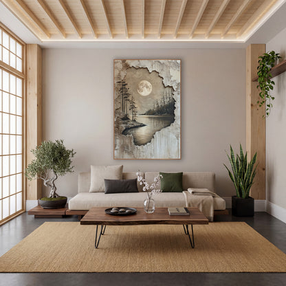 Moonlit Lake Evergreen Landscape Japandi wall art in a calm Japandi-style room – full moon over a calm lake