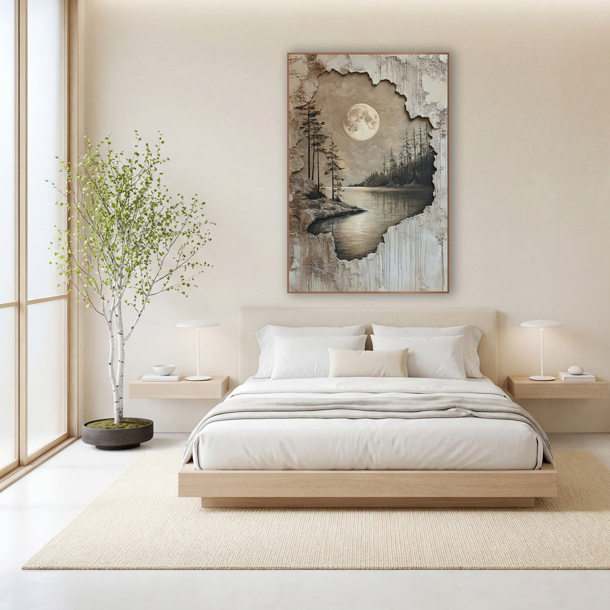 Moonlit Lake Evergreen Landscape Japandi wall art in a calm Japandi-style room – full moon over a calm lake
