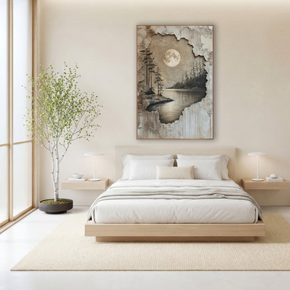 Moonlit Lake Evergreen Landscape Japandi wall art in a calm Japandi-style room – full moon over a calm lake