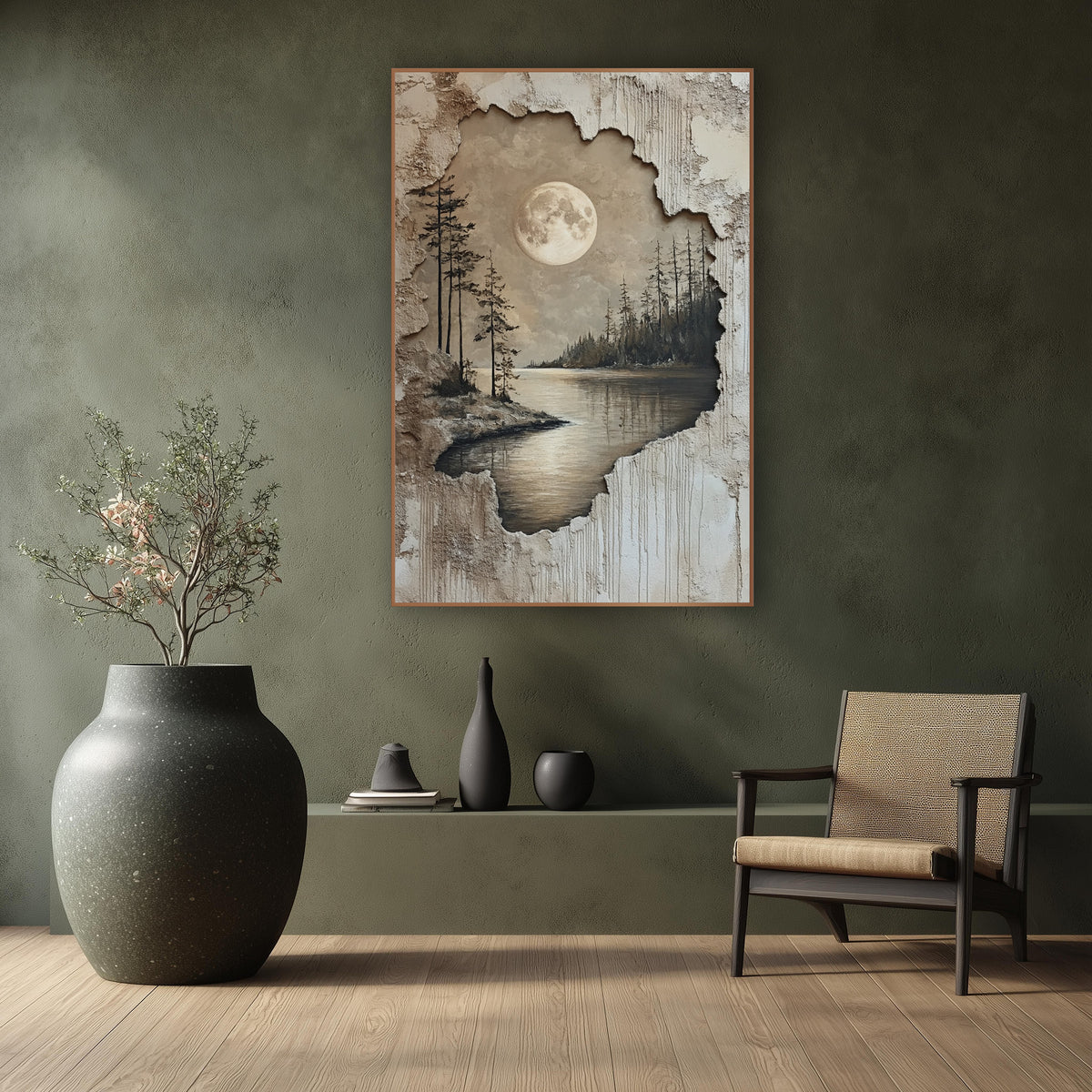Moonlit Lake Evergreen Landscape Japandi wall art in a calm Japandi-style room – full moon over a calm lake