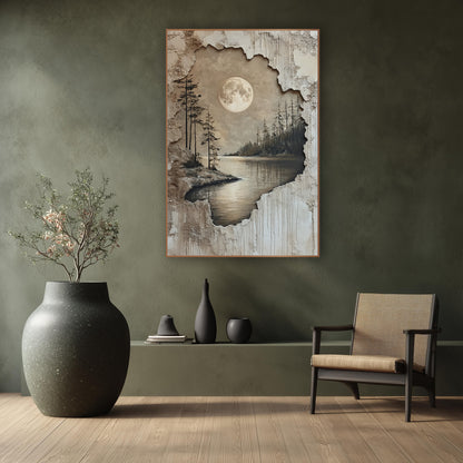 Moonlit Lake Evergreen Landscape Japandi wall art in a calm Japandi-style room – full moon over a calm lake