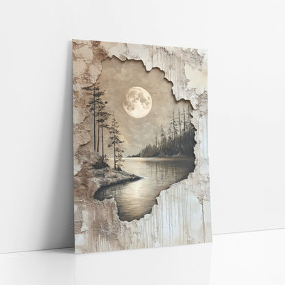 Moonlit Lake Evergreen Landscape Japandi art print leaning against a white wall – full moon over a calm lake with evergreens