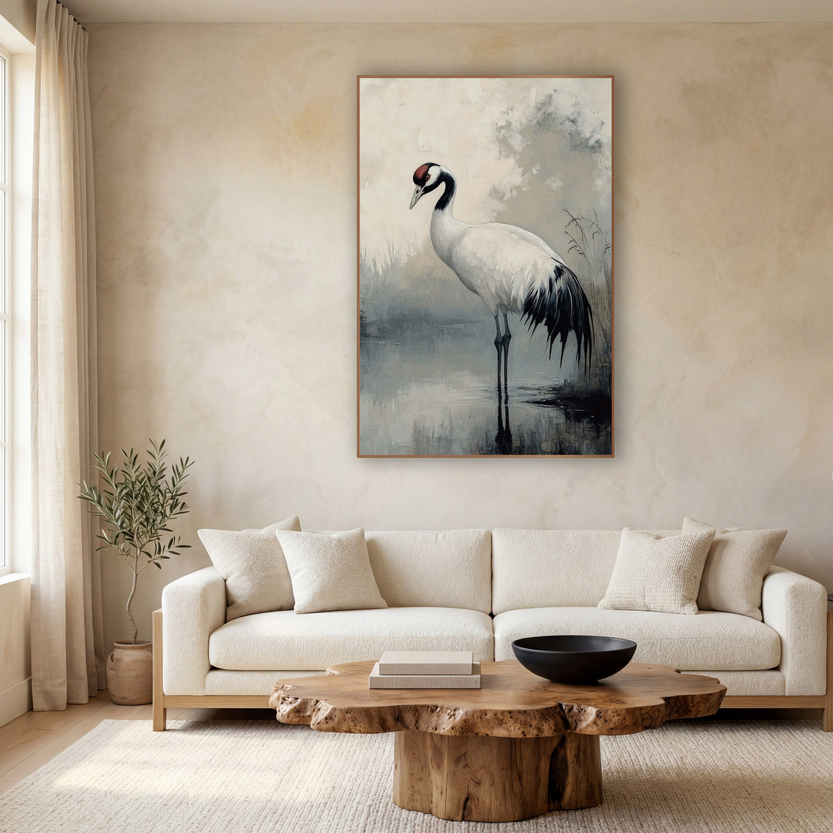 Standing Crane Misty Pond Japandi wall art in a calm Japandi-style room – white crane with black neck and red crown