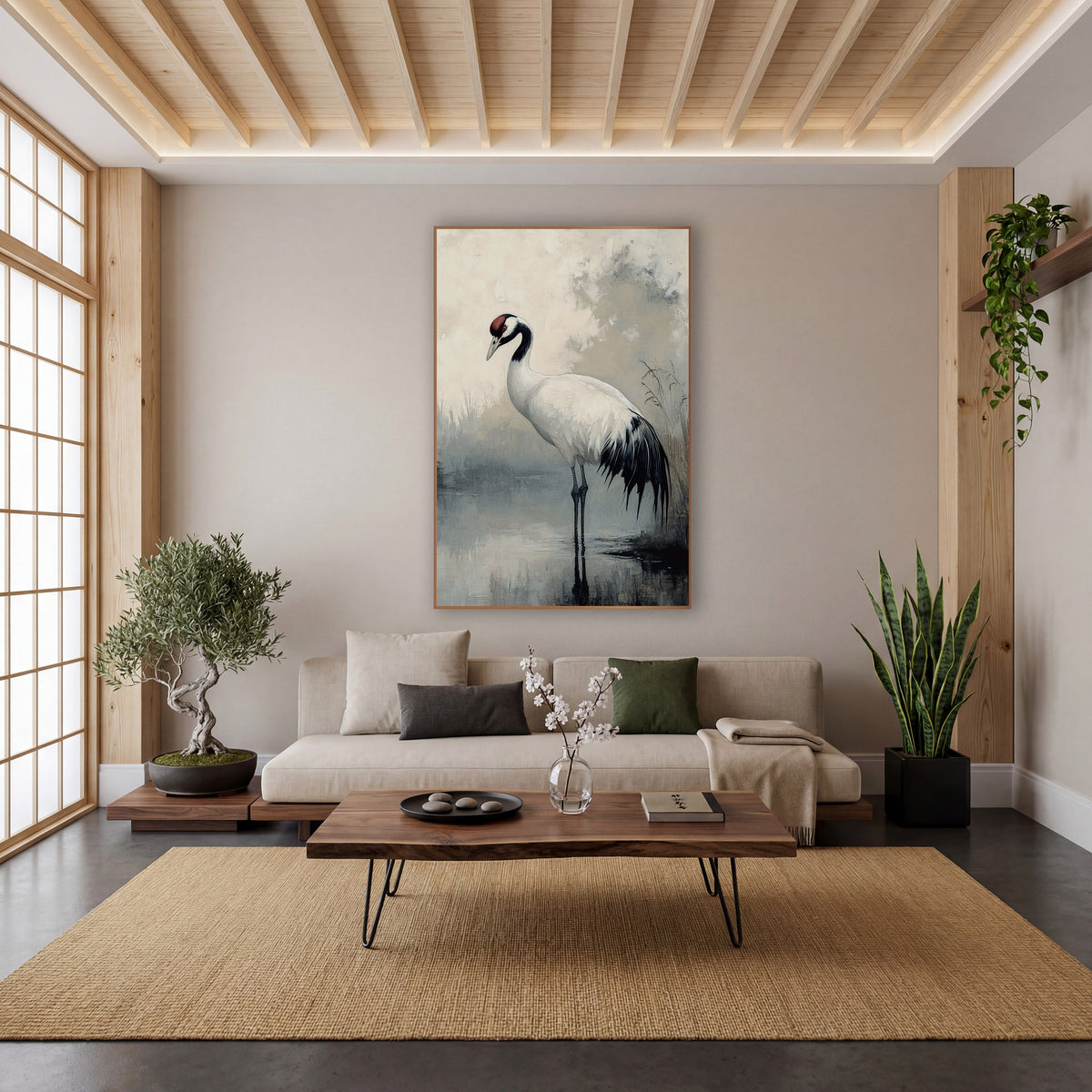 Standing Crane Misty Pond Japandi wall art in a calm Japandi-style room – white crane with black neck and red crown