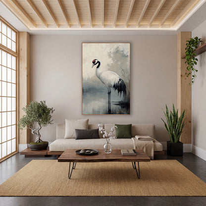 Standing Crane Misty Pond Japandi wall art in a calm Japandi-style room – white crane with black neck and red crown