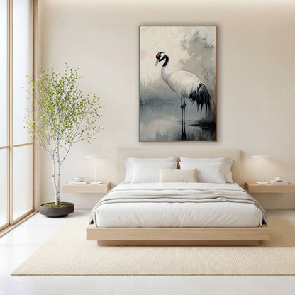 Standing Crane Misty Pond Japandi wall art in a calm Japandi-style room – white crane with black neck and red crown