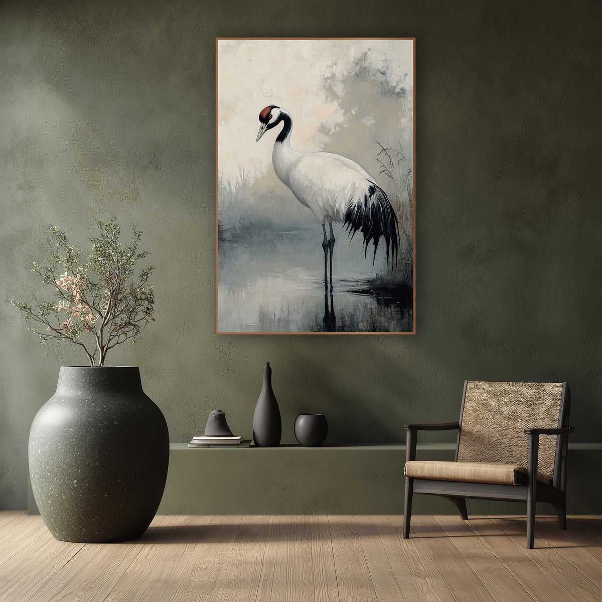 Standing Crane Misty Pond Japandi wall art in a calm Japandi-style room – white crane with black neck and red crown