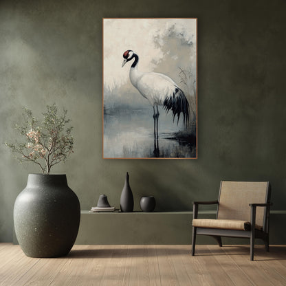 Standing Crane Misty Pond Japandi wall art in a calm Japandi-style room – white crane with black neck and red crown