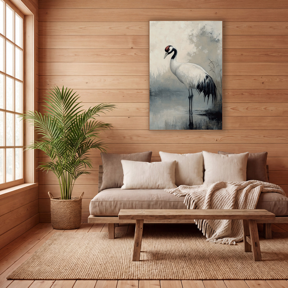 Standing Crane Misty Pond Japandi wall art in a calm Japandi-style room – white crane with black neck and red crown