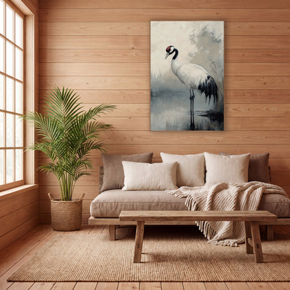 Standing Crane Misty Pond Japandi wall art in a calm Japandi-style room – white crane with black neck and red crown