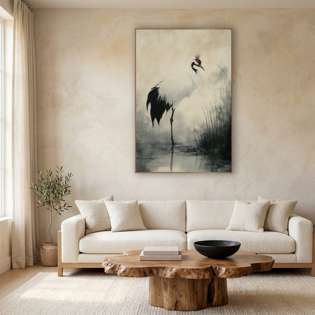 Standing Crane Ink Wash Japandi wall art in a calm Japandi-style room – white crane with black tail and red crown