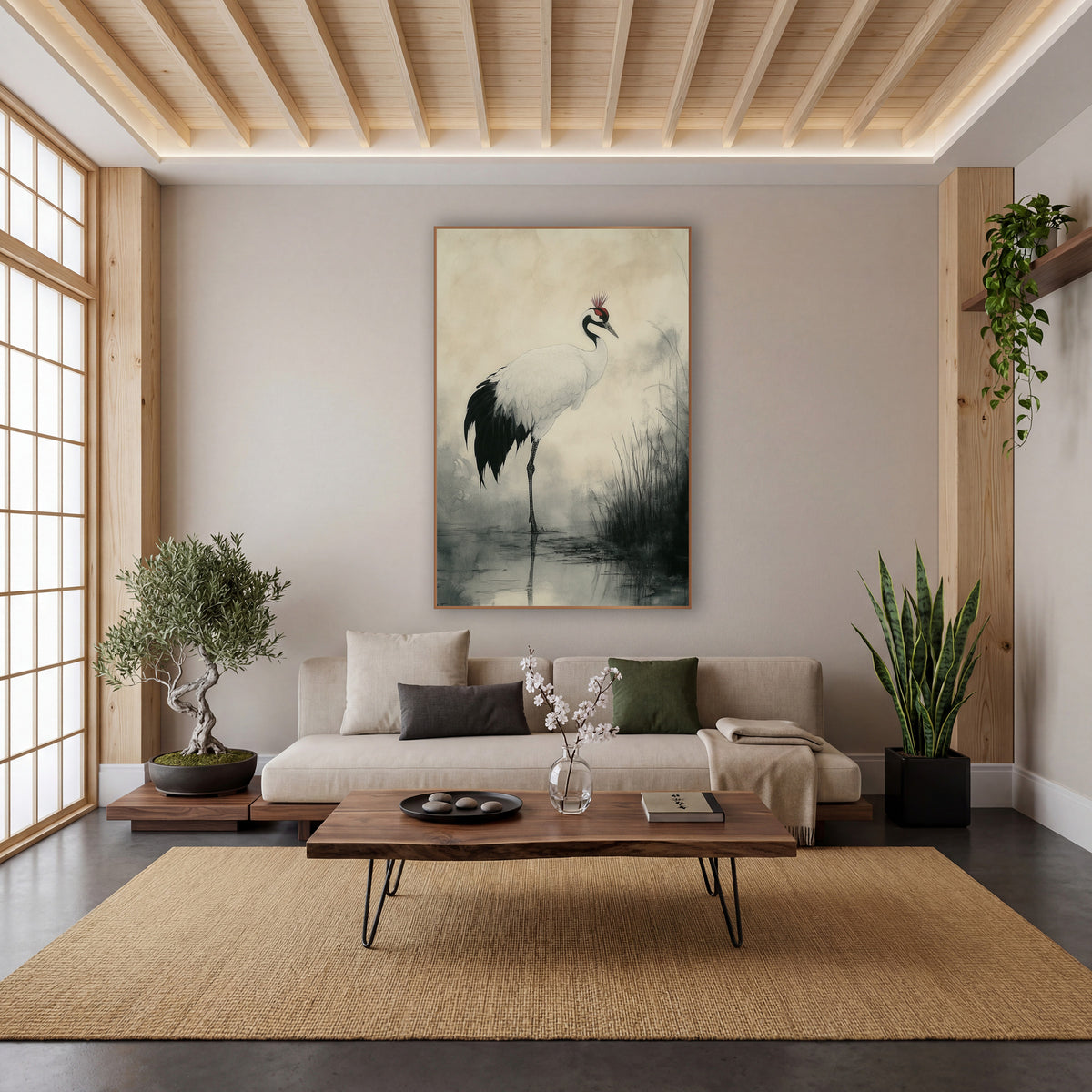 Standing Crane Ink Wash Japandi wall art in a calm Japandi-style room – white crane with black tail and red crown