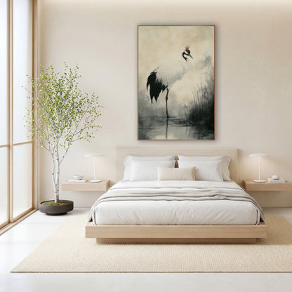 Standing Crane Ink Wash Japandi wall art in a calm Japandi-style room – white crane with black tail and red crown