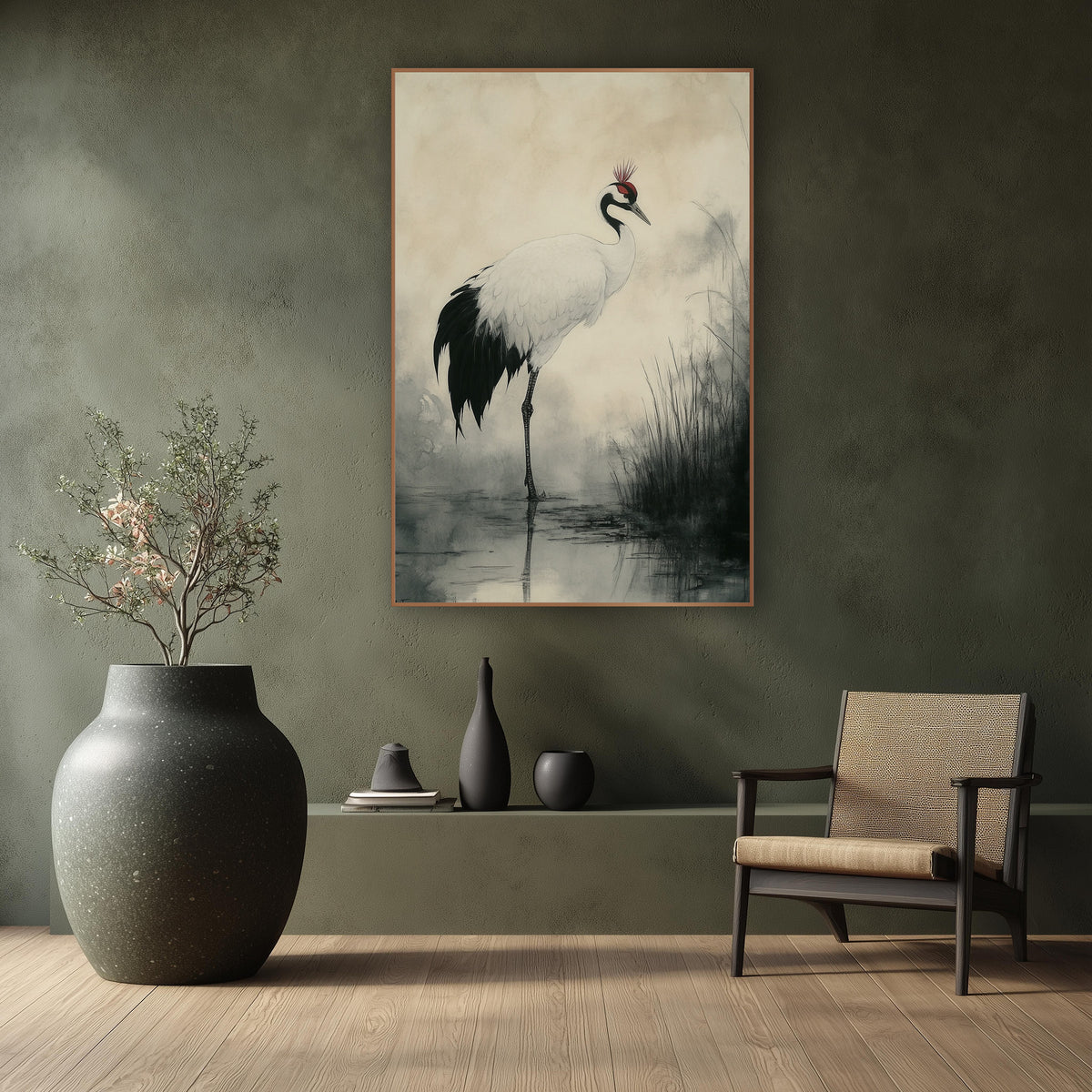 Standing Crane Ink Wash Japandi wall art in a calm Japandi-style room – white crane with black tail and red crown
