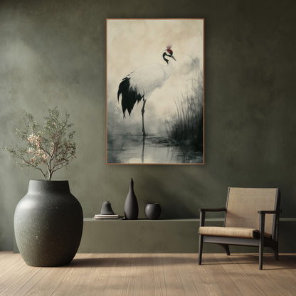 Standing Crane Ink Wash Japandi wall art in a calm Japandi-style room – white crane with black tail and red crown
