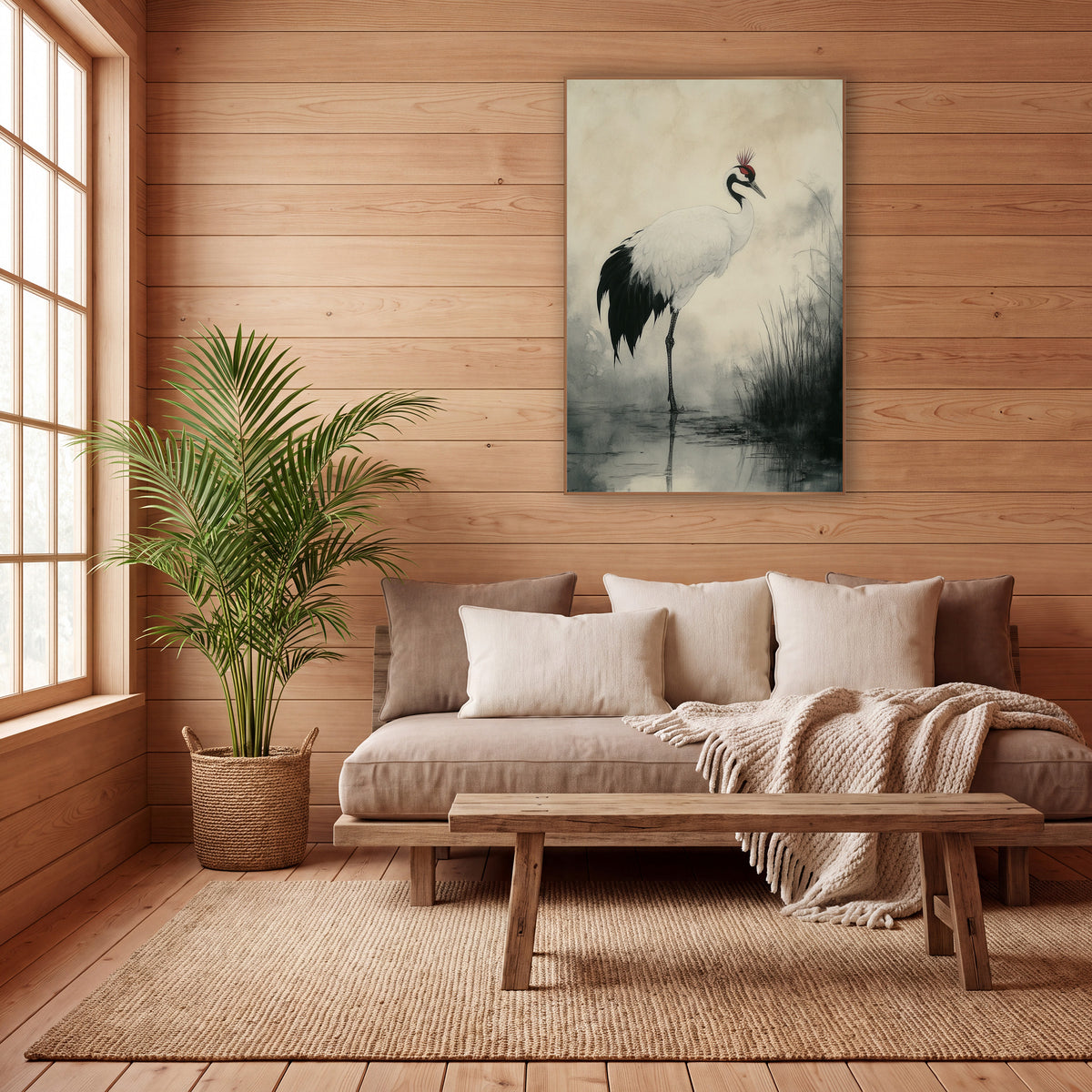 Standing Crane Ink Wash Japandi wall art in a calm Japandi-style room – white crane with black tail and red crown