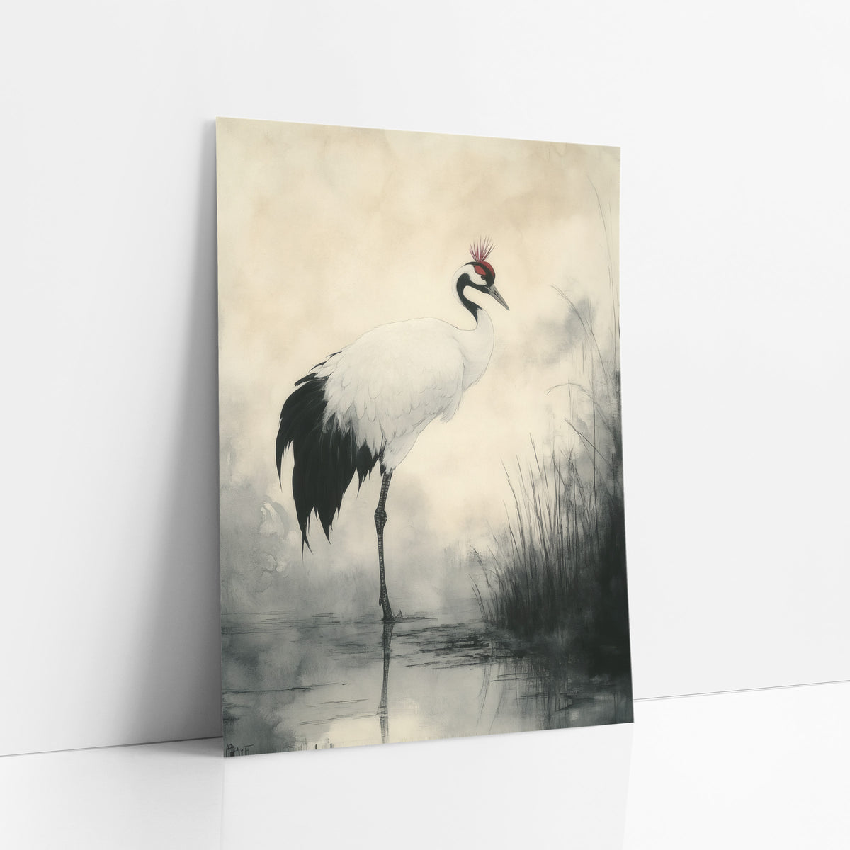 Standing Crane Ink Wash Japandi art print leaning against a white wall – white crane with black tail and red crown standing