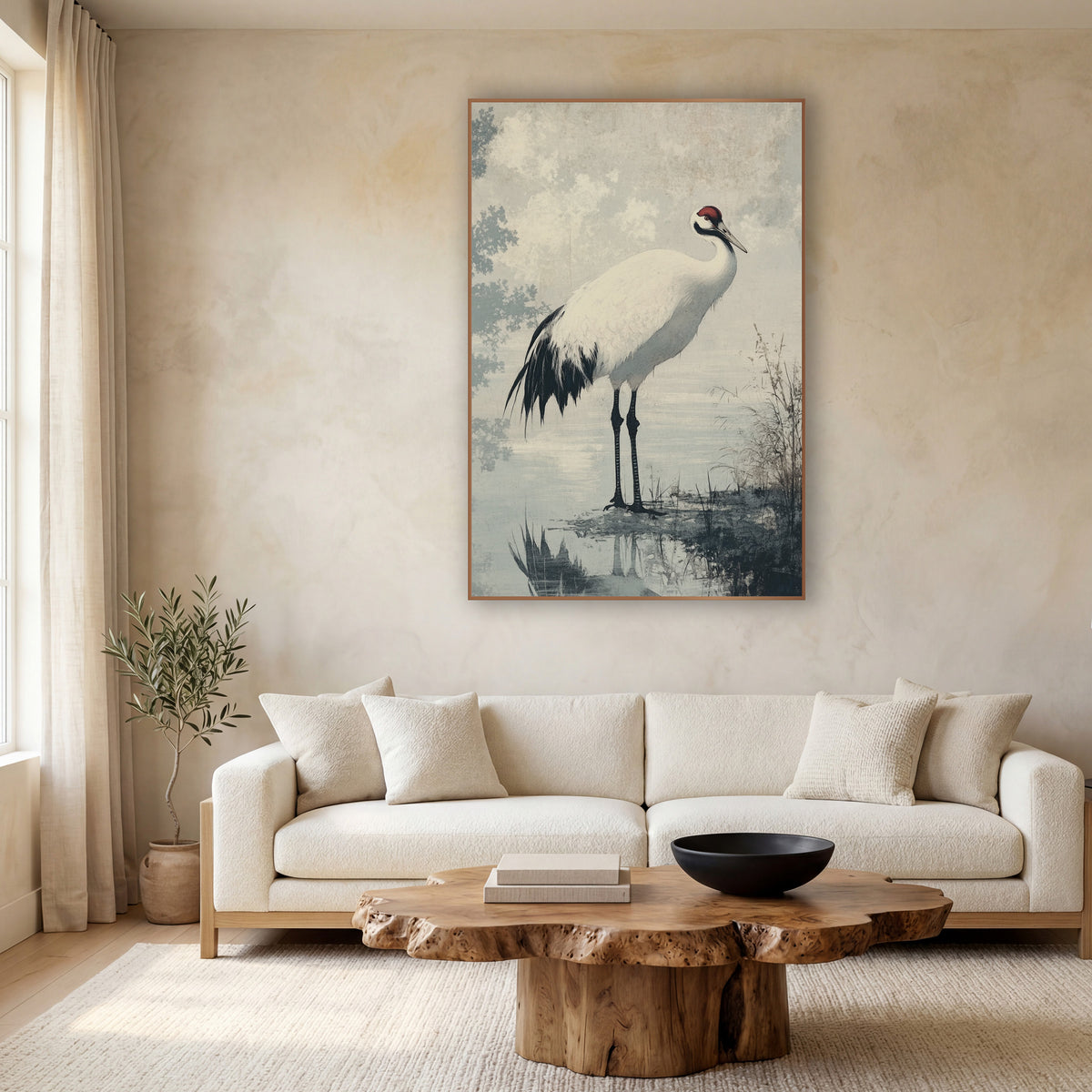 Red Crowned Crane Japandi Pond wall art in a calm Japandi-style room – white red-crowned crane with black legs
