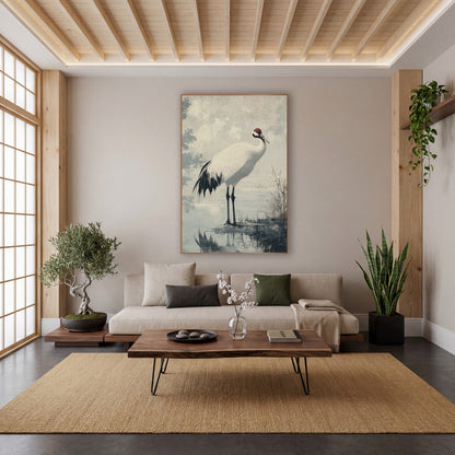 Red Crowned Crane Japandi Pond wall art in a calm Japandi-style room – white red-crowned crane with black legs