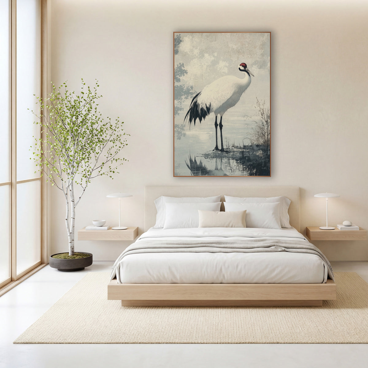 Red Crowned Crane Japandi Pond wall art in a calm Japandi-style room – white red-crowned crane with black legs