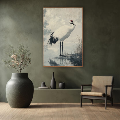 Red Crowned Crane Japandi Pond wall art in a calm Japandi-style room – white red-crowned crane with black legs