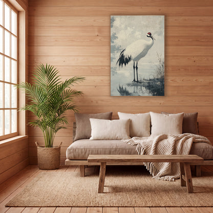 Red Crowned Crane Japandi Pond wall art in a calm Japandi-style room – white red-crowned crane with black legs