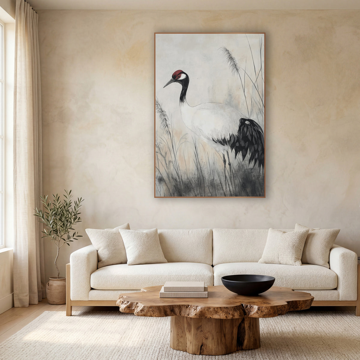 Left Facing Crane Ink Study wall art in a calm Japandi-style room – crane with red crown and black tail feathers
