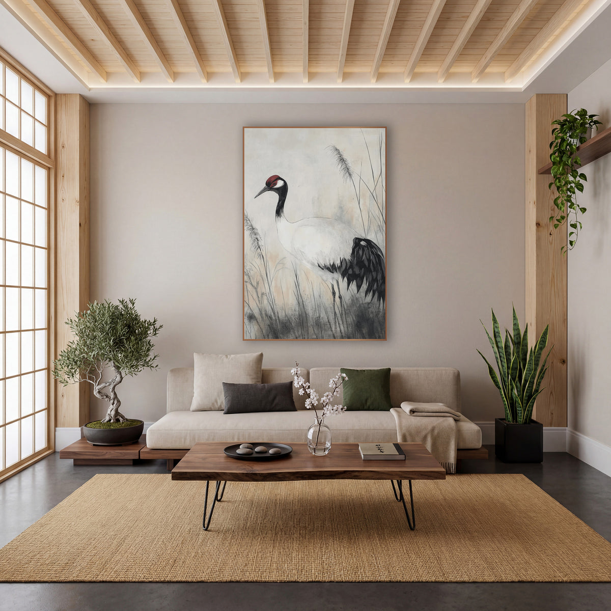 Left Facing Crane Ink Study wall art in a calm Japandi-style room – crane with red crown and black tail feathers