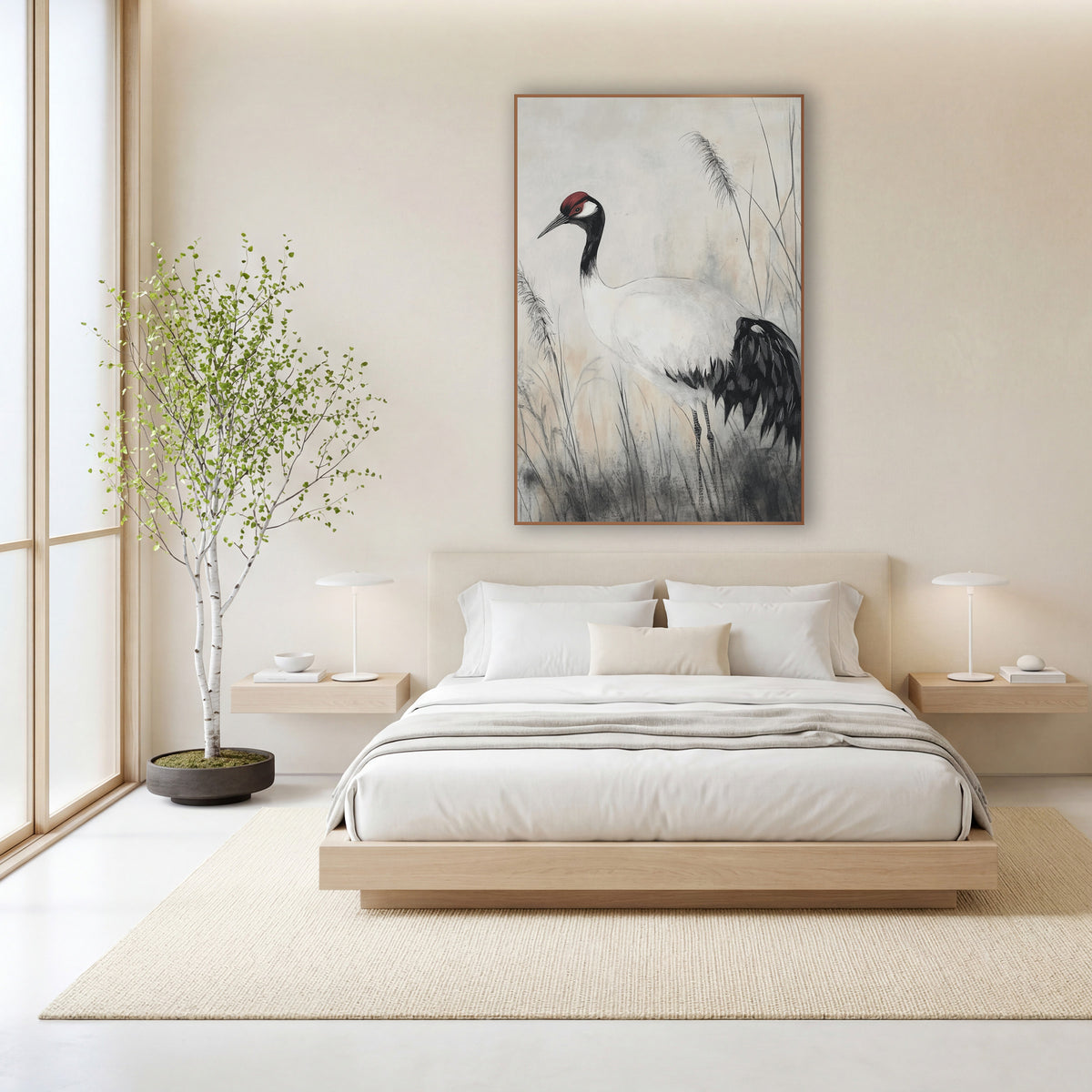 Left Facing Crane Ink Study wall art in a calm Japandi-style room – crane with red crown and black tail feathers