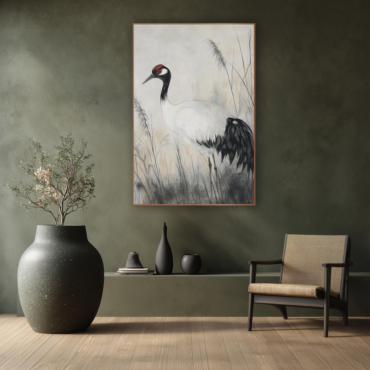 Left Facing Crane Ink Study wall art in a calm Japandi-style room – crane with red crown and black tail feathers