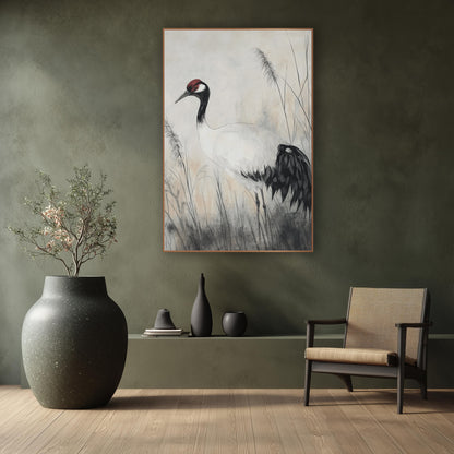 Left Facing Crane Ink Study wall art in a calm Japandi-style room – crane with red crown and black tail feathers