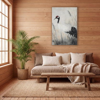 Left Facing Crane Ink Study wall art in a calm Japandi-style room – crane with red crown and black tail feathers