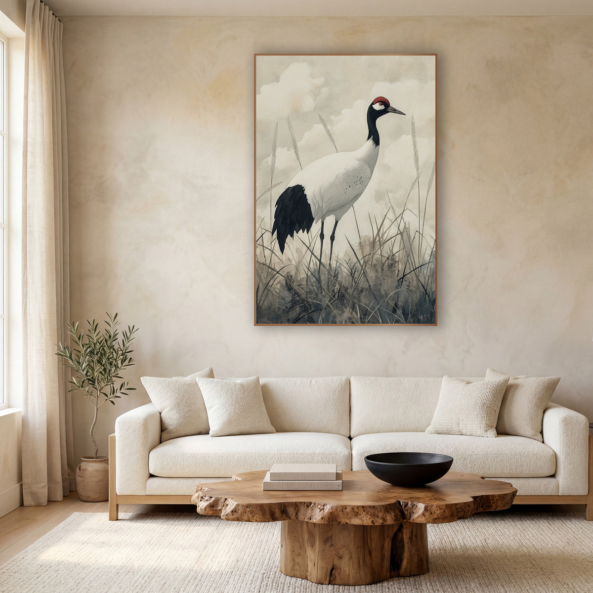Cloudy Sky Crane Japandi Study wall art in a calm Japandi-style room – white crane with black neck and red crown