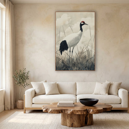 Cloudy Sky Crane Japandi Study wall art in a calm Japandi-style room – white crane with black neck and red crown