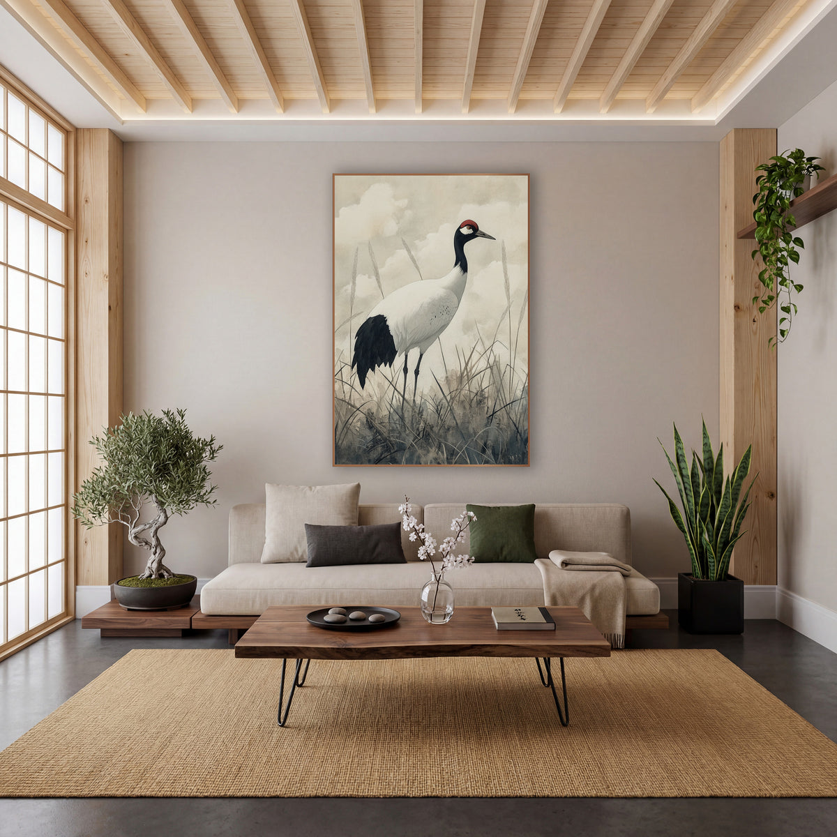 Cloudy Sky Crane Japandi Study wall art in a calm Japandi-style room – white crane with black neck and red crown