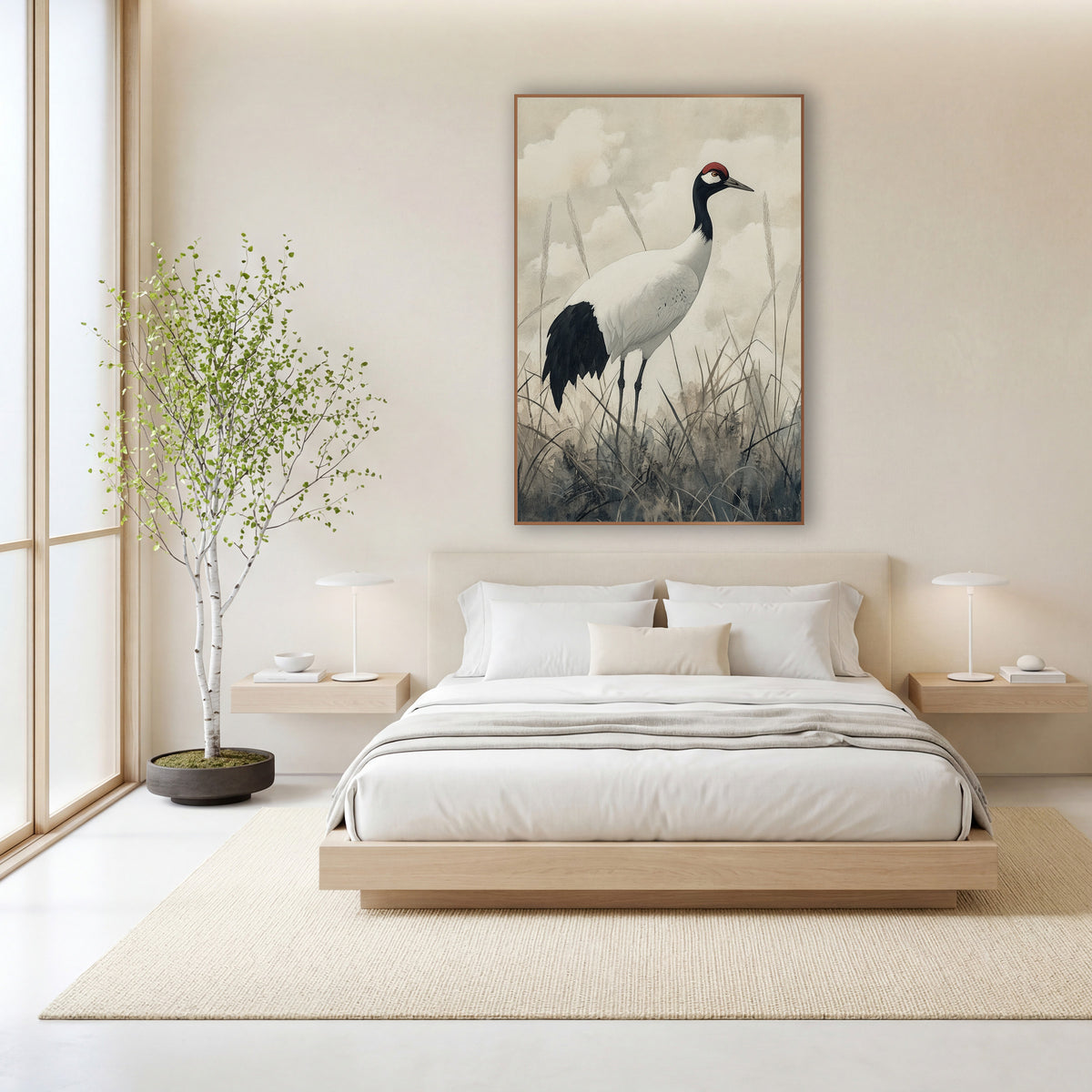 Cloudy Sky Crane Japandi Study wall art in a calm Japandi-style room – white crane with black neck and red crown