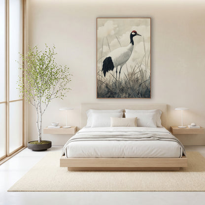 Cloudy Sky Crane Japandi Study wall art in a calm Japandi-style room – white crane with black neck and red crown