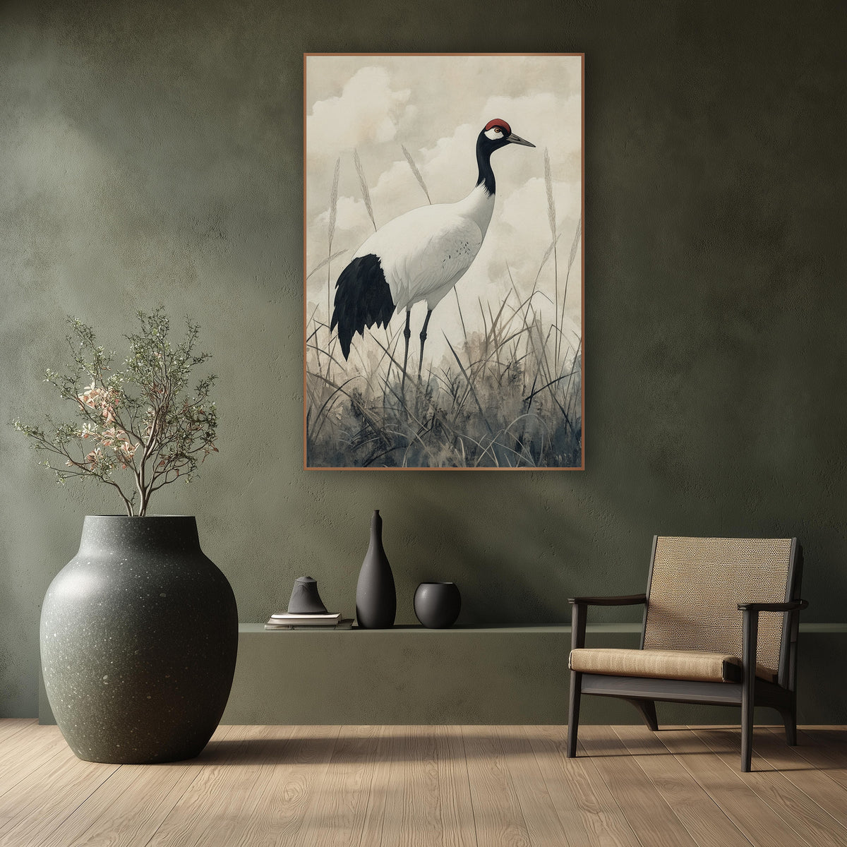 Cloudy Sky Crane Japandi Study wall art in a calm Japandi-style room – white crane with black neck and red crown