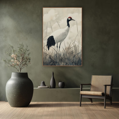 Cloudy Sky Crane Japandi Study wall art in a calm Japandi-style room – white crane with black neck and red crown