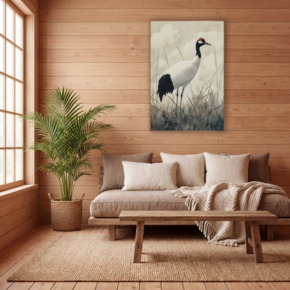 Cloudy Sky Crane Japandi Study wall art in a calm Japandi-style room – white crane with black neck and red crown