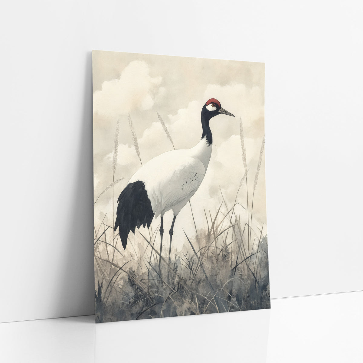 Cloudy Sky Crane Japandi Study art print leaning against a white wall – white crane with black neck and red crown standing