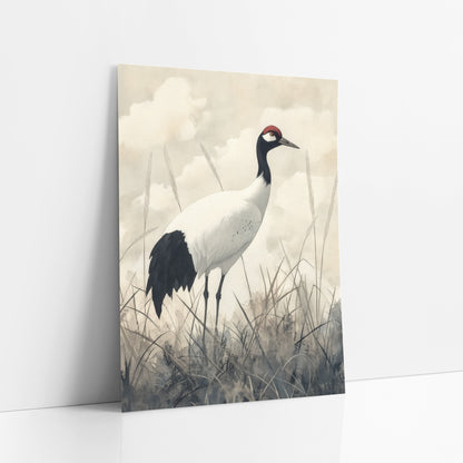Cloudy Sky Crane Japandi Study art print leaning against a white wall – white crane with black neck and red crown standing