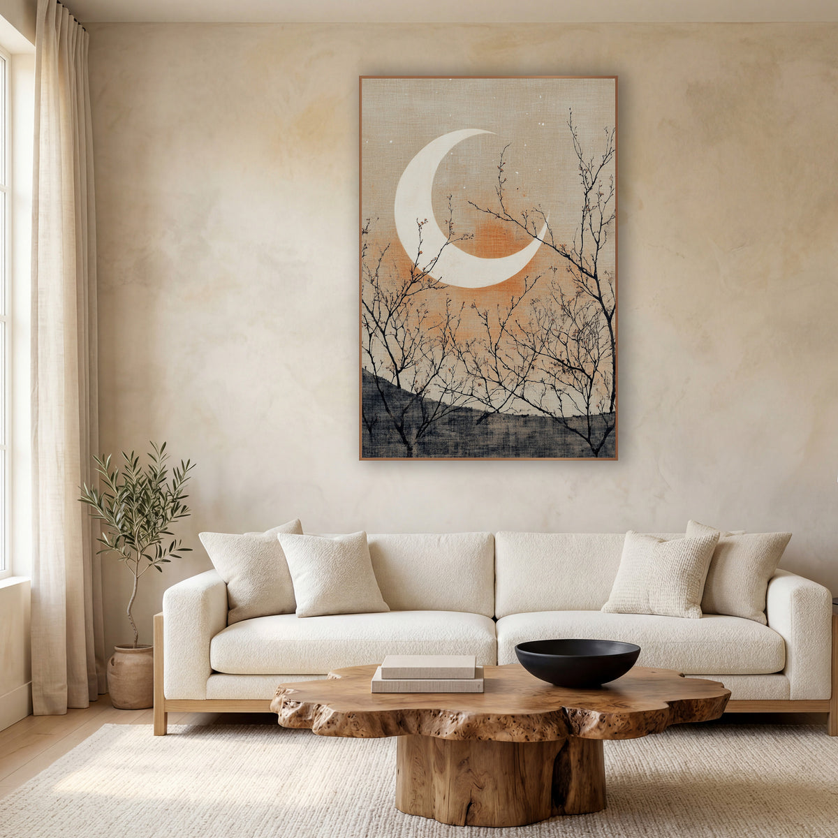 Crescent Moon Bare Branches Japandi wall art in a calm Japandi-style room – white crescent moon over a gray hill