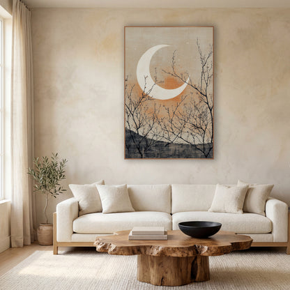 Crescent Moon Bare Branches Japandi wall art in a calm Japandi-style room – white crescent moon over a gray hill