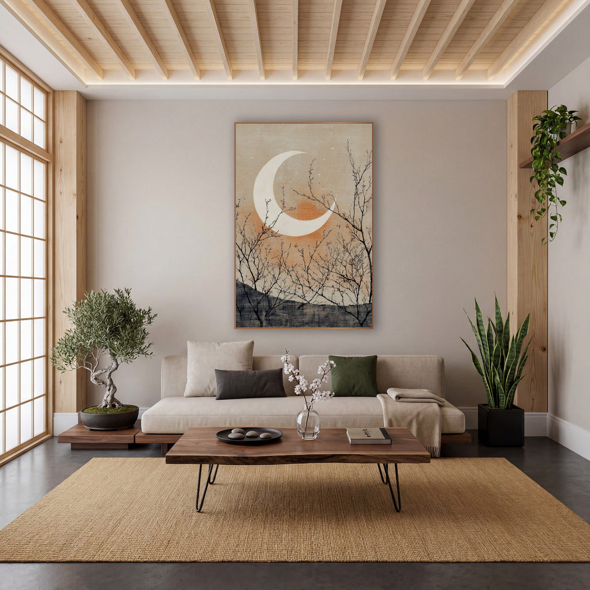 Crescent Moon Bare Branches Japandi wall art in a calm Japandi-style room – white crescent moon over a gray hill