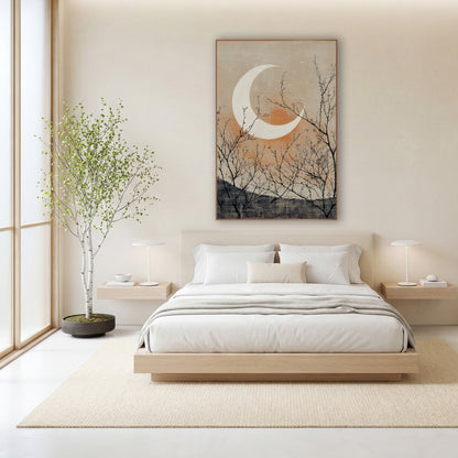 Crescent Moon Bare Branches Japandi wall art in a calm Japandi-style room – white crescent moon over a gray hill