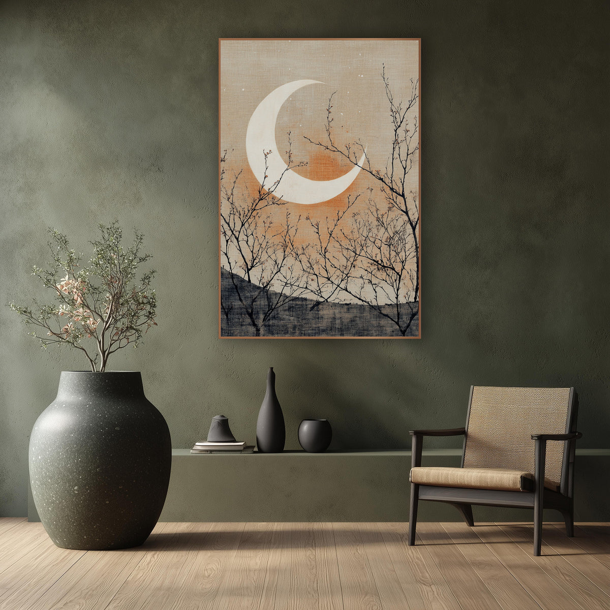 Crescent Moon Bare Branches Japandi wall art in a calm Japandi-style room – white crescent moon over a gray hill